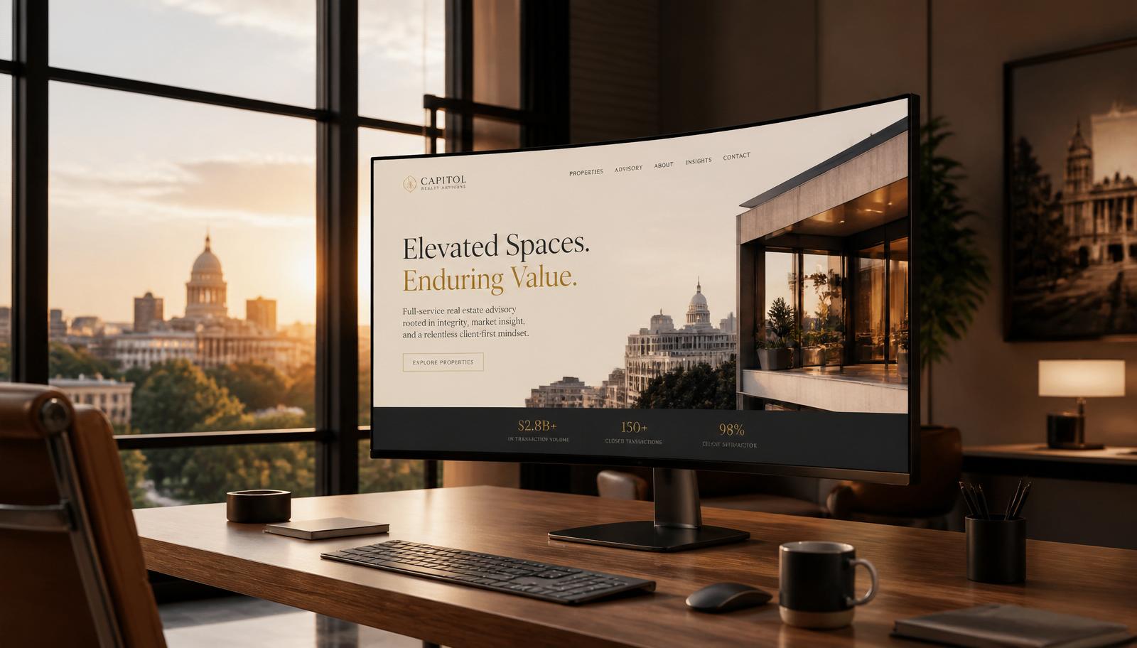 Premium website design on a large monitor in a Sacramento office at golden hour